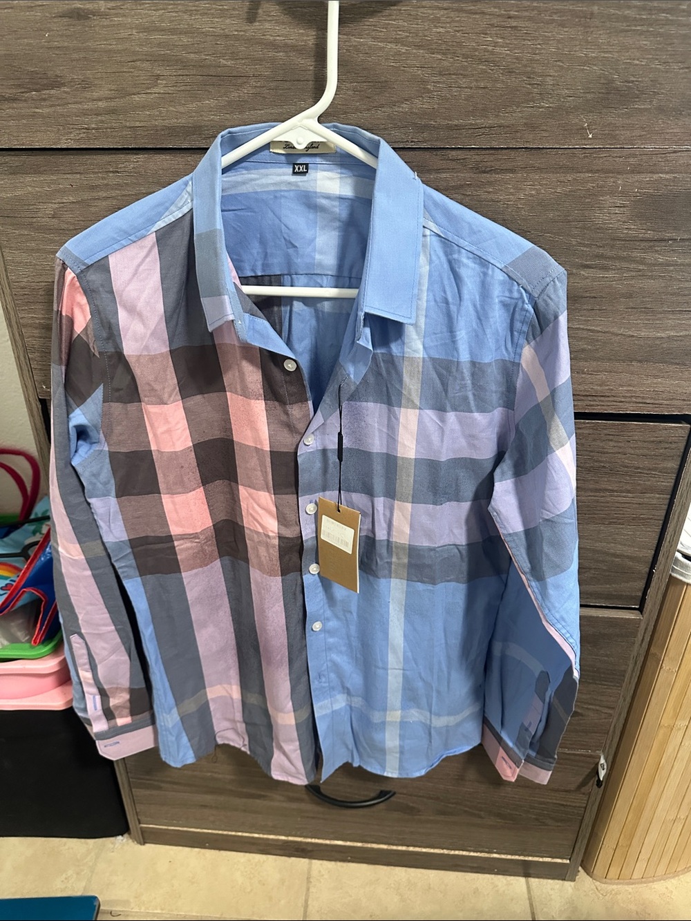 Blue and Pink Plaid Cotton Button-Down Shirt size M